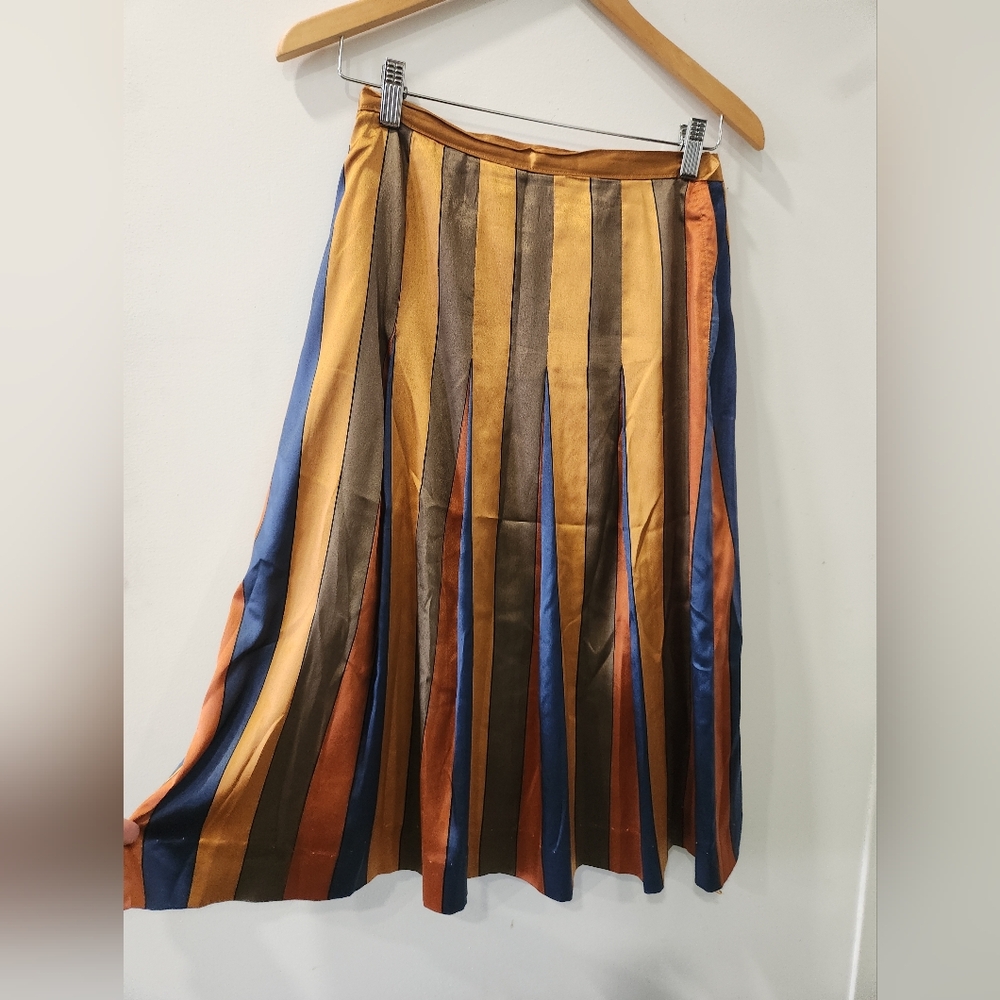Vintage 40s/50s Striped Satiny Multicolor Pleated Skirt Metal Zip 26" Waist
